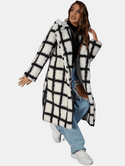 Antmvs Plaid Print Double-breasted Plush Coat, Casual Thermal Long Sleeve Lapel Midi Length Coat For Fall & Winter, Women's Clothing