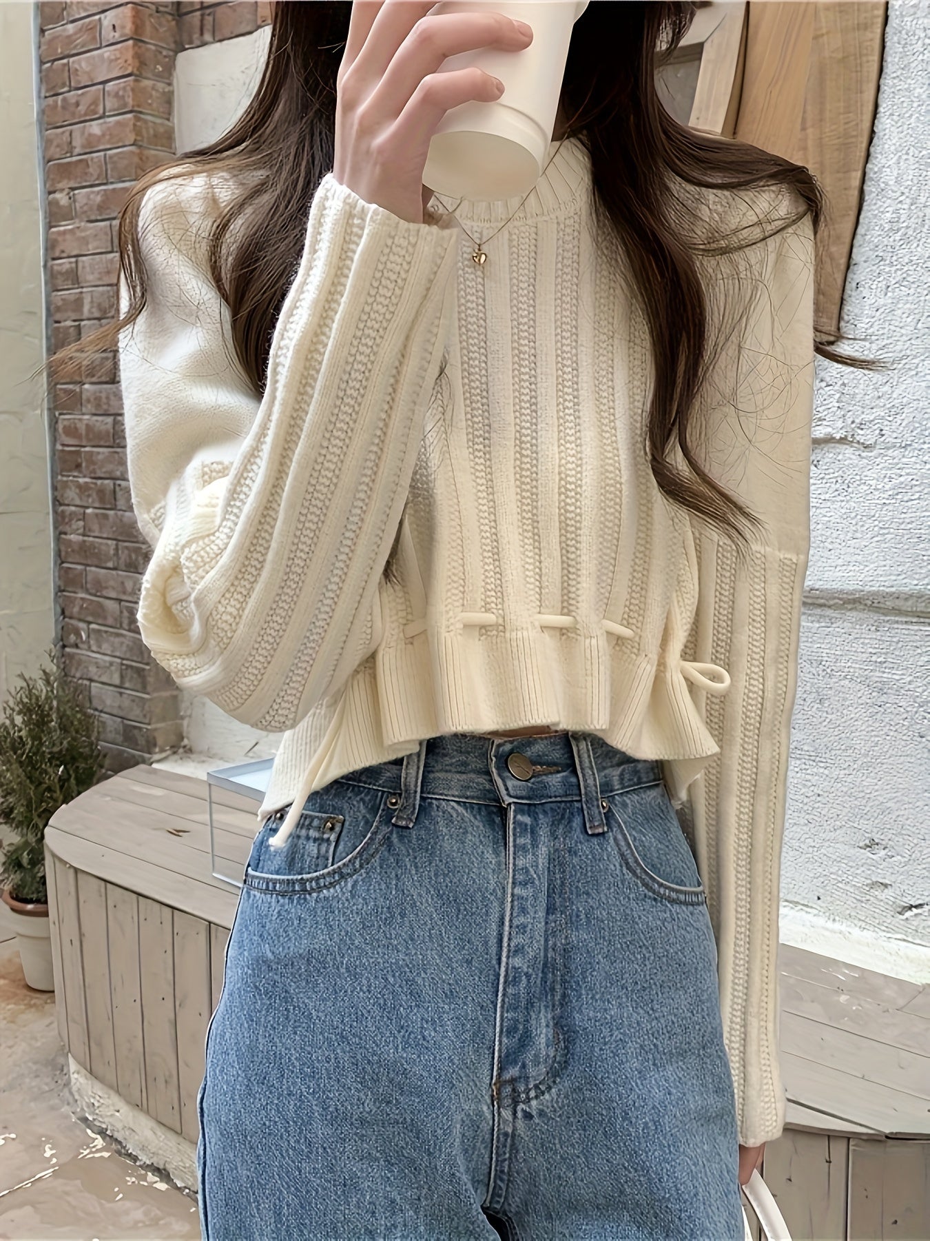 Antmvs Solid Drawstring Hem Crop Sweater, Casual Mock Neck Long Sleeve Sweater For Fall & Winter, Women's Clothing