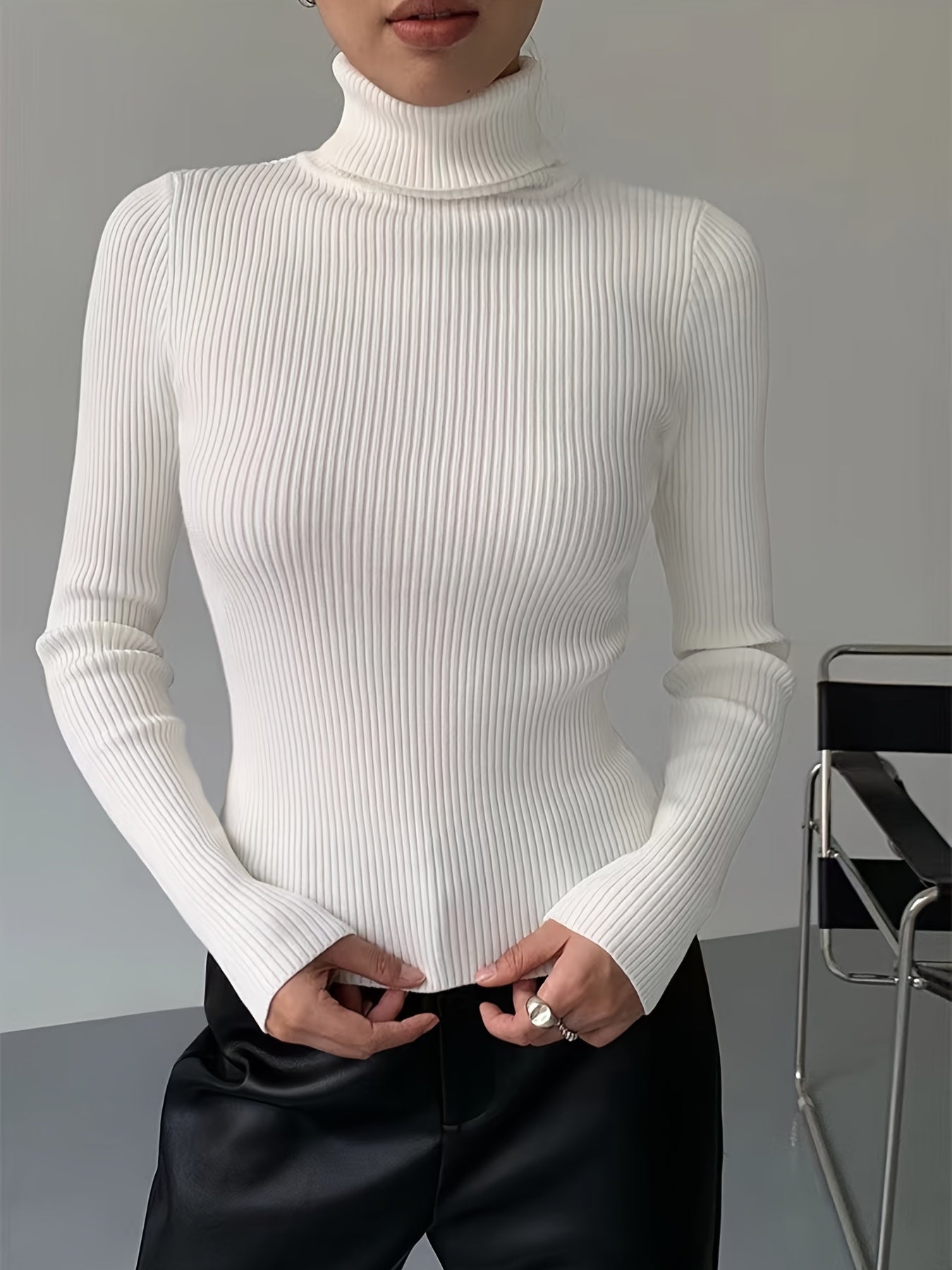 Antmvs Women's Sweater Turtleneck Solid Ribbed Long Sleeve Slim Pullover Knit Tops