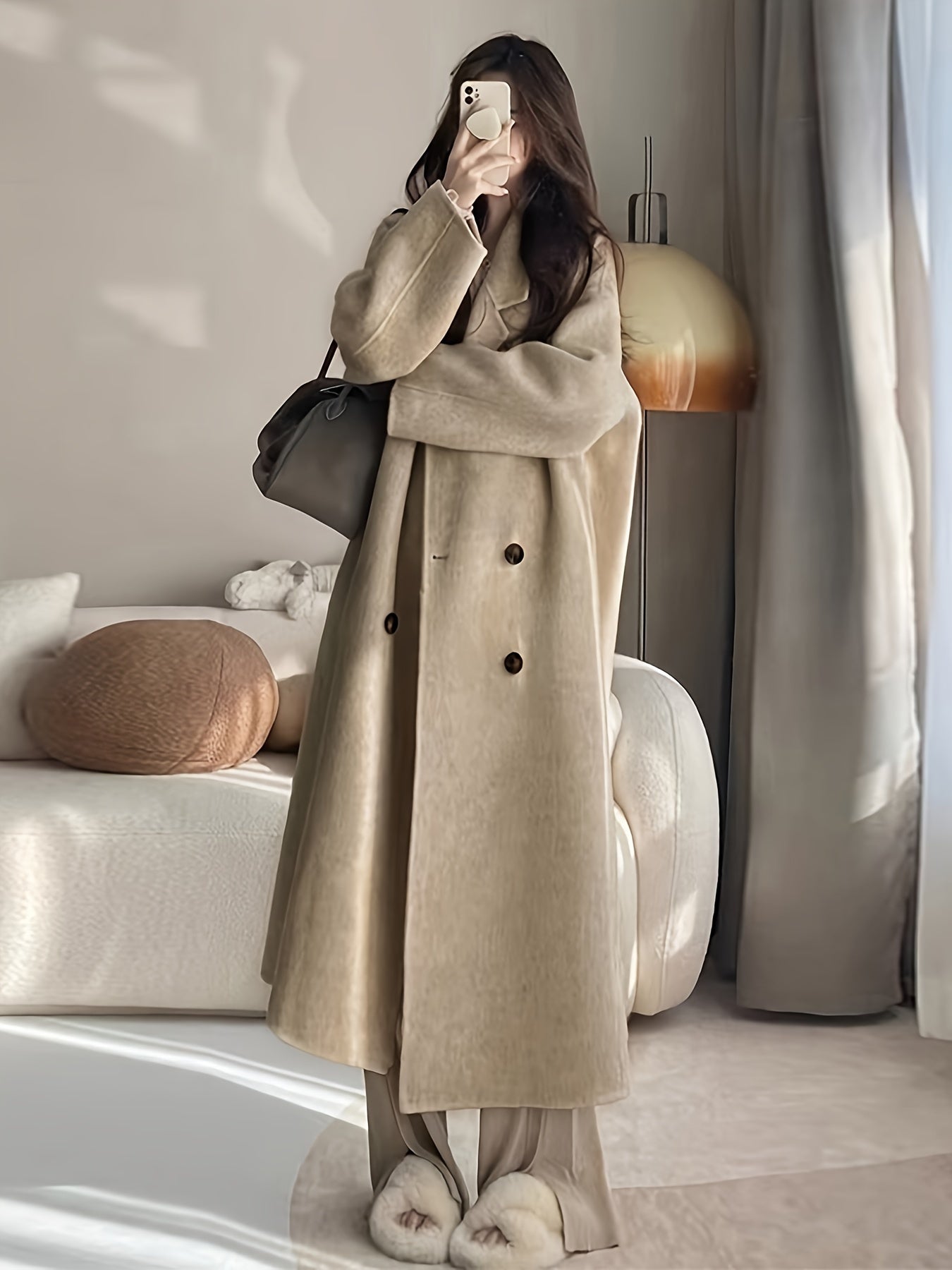 Antmvs Solid Double Breasted Belted Overcoat, Elegant Lapel Long Sleeve Pockets Outwear For Fall & Winter, Women's Clothing