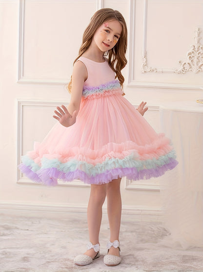 Toddler Girl Rainbow Colorful Gauze Sleeveless Puffy Princess Dress, Kids Party Catwalk Piano Performance Formal Dress