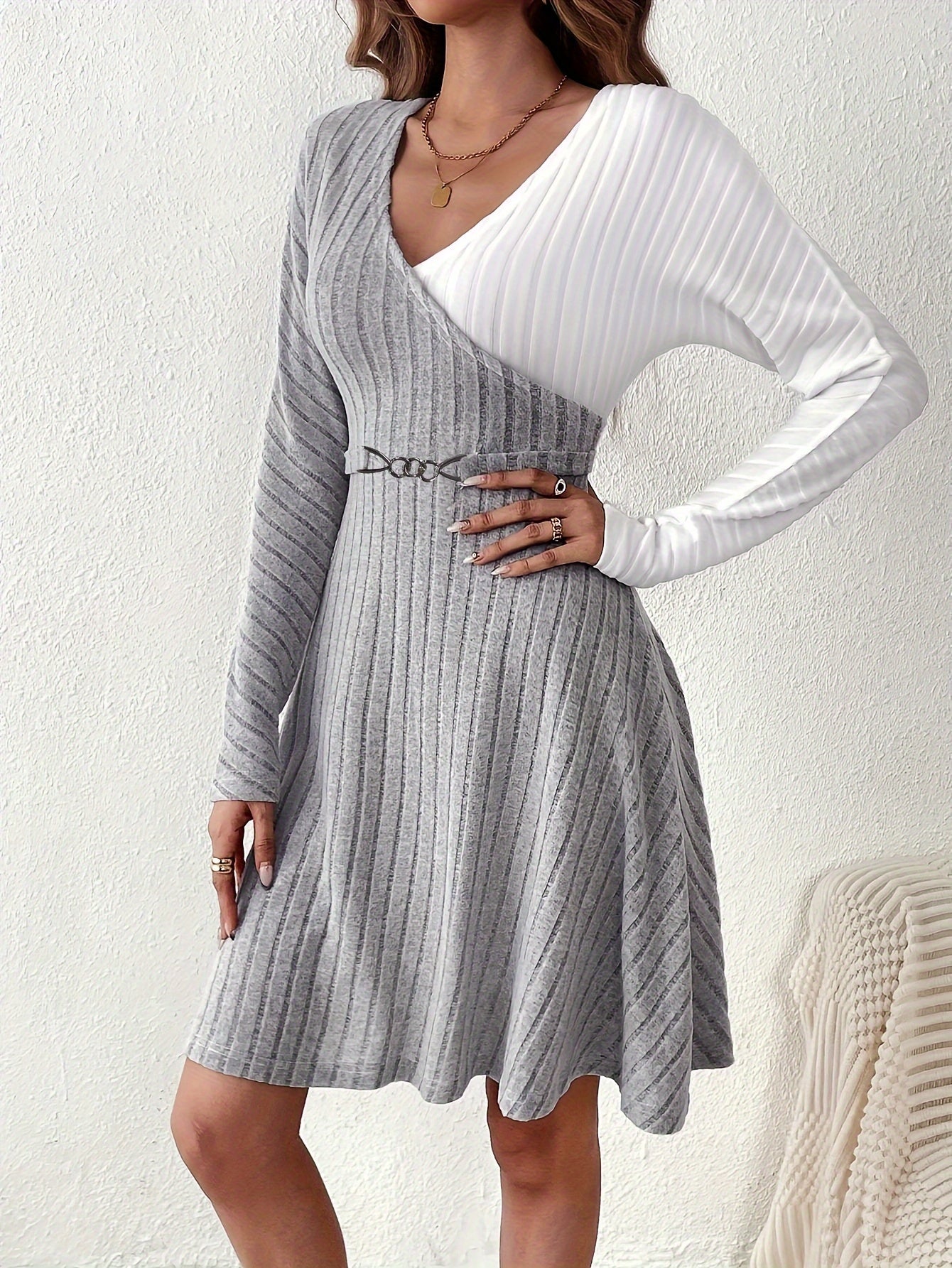 Antmvs Ribbed Color Block Dress, Elegant A-line V Neck Long Sleeve Dress, Women's Clothing