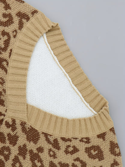 Antmvs Plus Size Casual Sweater, Women's Plus Leopard Print Long Sleeve V Neck Medium Stretch Pullover Jumper