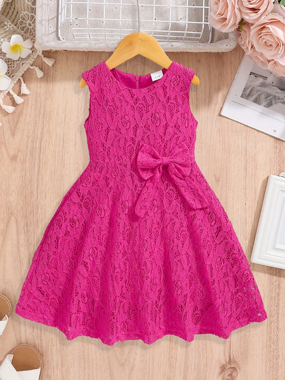 3-10 Years Old Girls Lovely Sleeveless Fit and Flare Lace Party Dress with Bowknot Front - Knee High, Non-Stretch, Solid Color, Casual Style for Summer