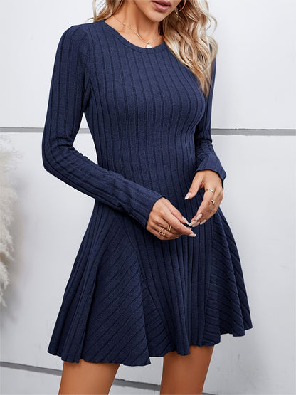 Antmvs Rib Knit Long Sleeve Flare Dress, Casual Crew Neck Dress For Spring & Summer, Women's Clothing