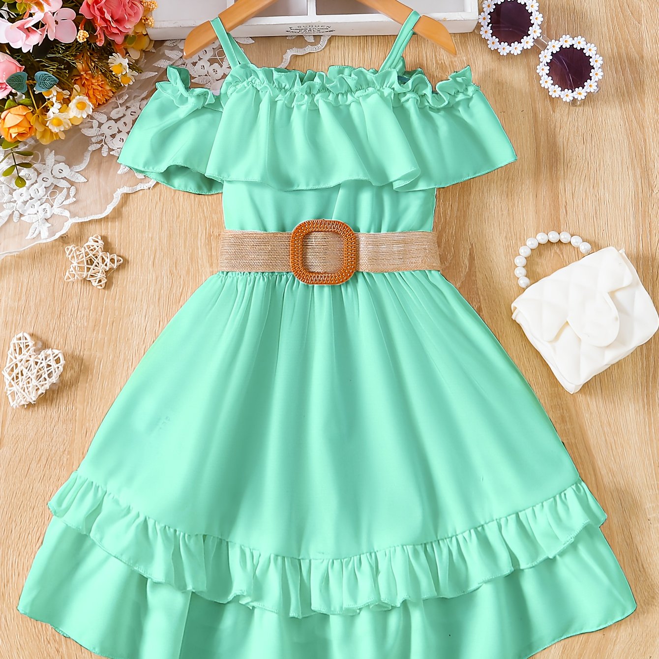 Charming Girls Solid Ruffle Trim Dress - Fashionable Belted Waist for Summer Parties & Holidays - Premium Quality, Comfortable, Ideal Gift