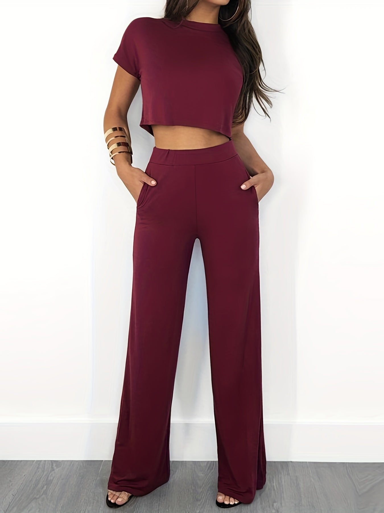 Antmvs Casual Solid Two-piece Set, Crew Neck Short Sleeve Cropped T-shirt & High Waist Wide Leg Pants Outfits, Women's Clothing
