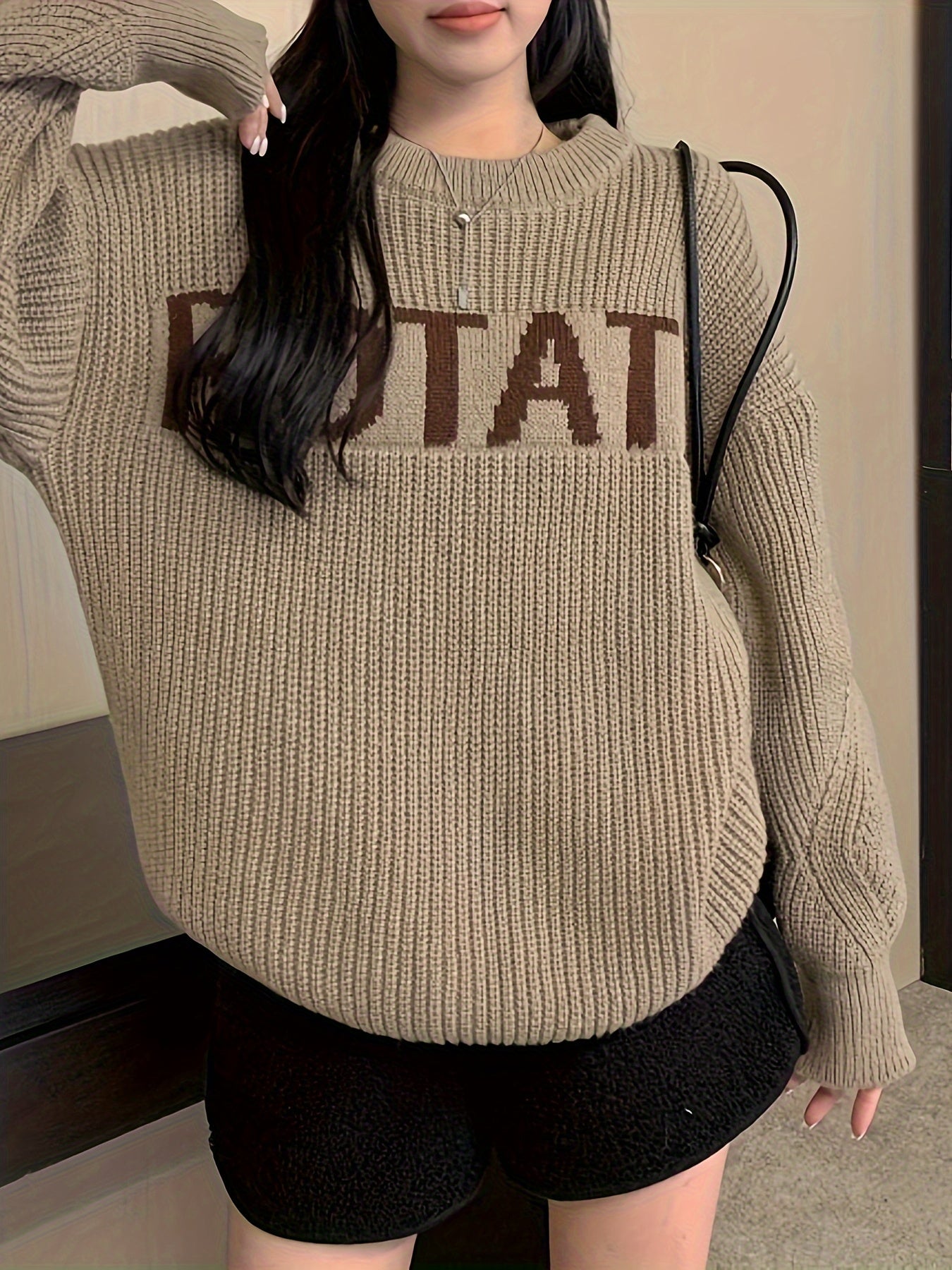 Antmvs Letter Pattern Crew Neck Pullover Sweater, Casual Long Sleeve Drop Shoulder Sweater, Women's Clothing