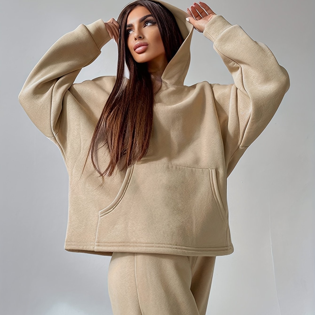 Antmvs Solid Casual Two-piece Set, Long Sleeve Loose Hoodies & Long Length Pants Outfits, Women's Clothing