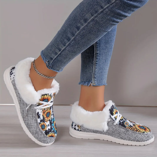 Women Plush Lined Snow Boots Sunflower Print Cozy Slip On Fuzzy Canvas Shoes Thermal Ankle Boots