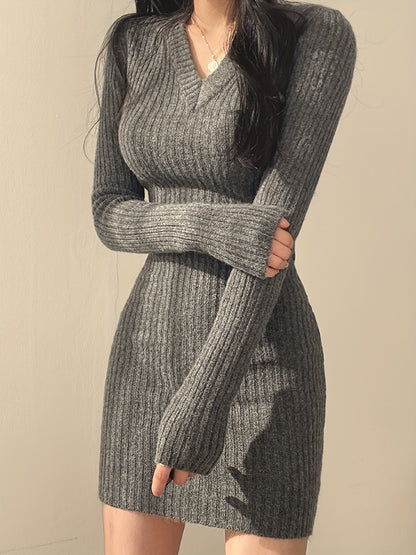 Antmvs Solid Knit Sweater Dress, Elegant V Neck Long Sleeve Bodycon Dress For Fall & Winter, Women's Clothing