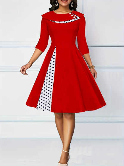 Antmvs A-line Retro Dress, 3/4 Sleeve Polka Dot Casual Dress, Women's Clothing