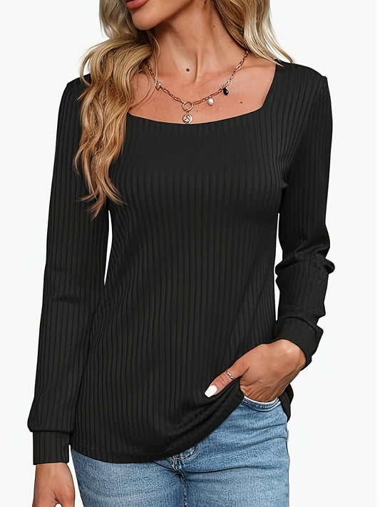 Antmvs Solid Square Neck T-shirt, Casual Long Sleeve Top For Spring & Fall, Women's Clothing