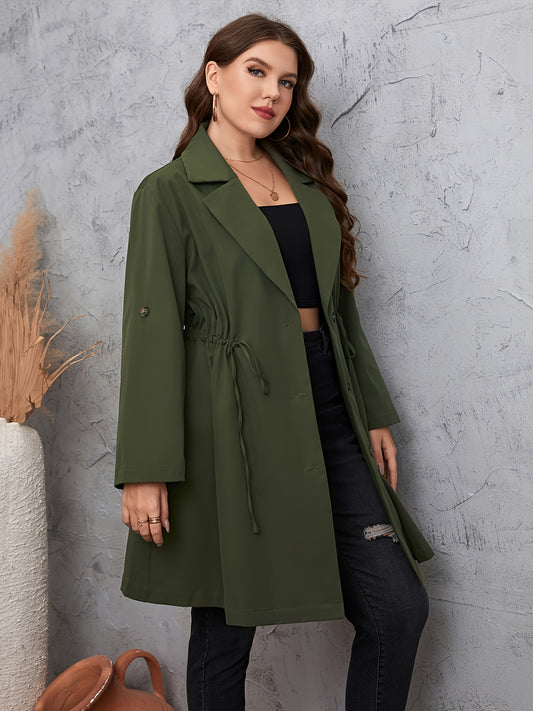 Antmvs Plus Size Button Front Drawstring Lapel Coat Solid Trench Coat, Women's Plus Casual Long Sleeve Trench Coat