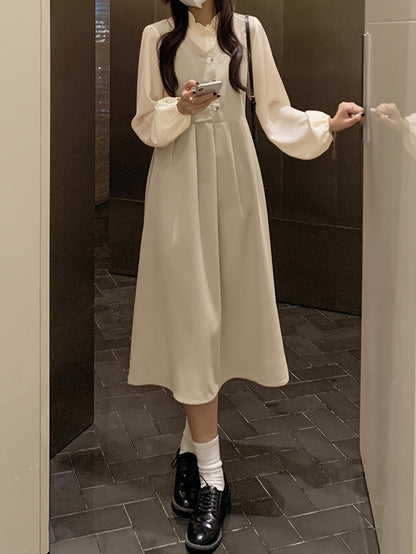 Antmvs Color Block Ruffle Trim Splicing Dress, Vintage Single Breasted Long Sleeve Dress For Spring & Fall, Women's Clothing