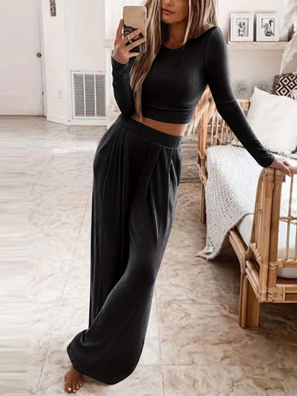 Antmvs Solid Casual Two-piece Set, Crew Neck Long Sleeve Tops & High Waist Wide Leg Pants Outfits, Women's Clothing