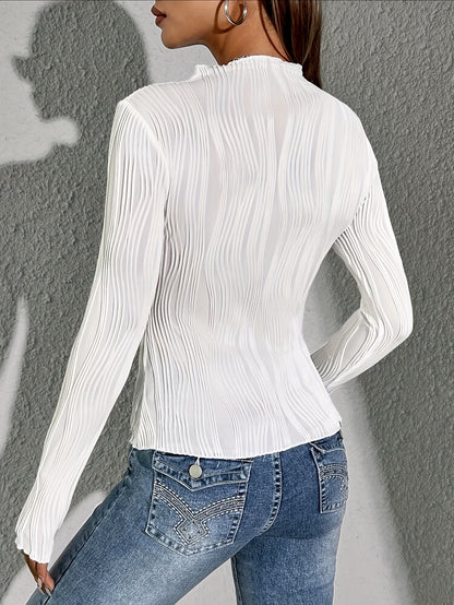 Antmvs Textured Mock Neck T-Shirt, Casual Long Sleeve Top For Spring & Fall, Women's Clothing