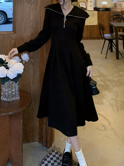 Antmvs Zipper Midi Dress, Casual Solid Long Sleeve A Line Dress, Women's Clothing