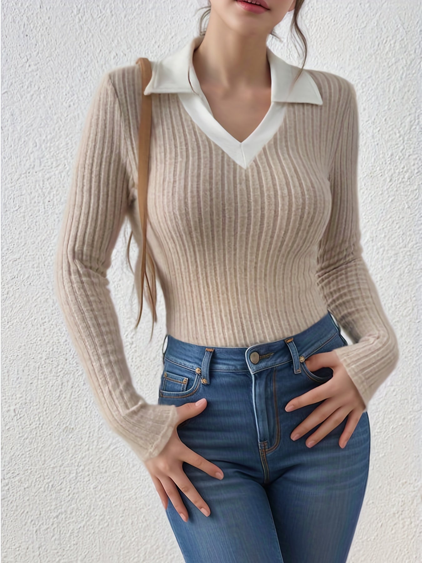 Antmvs Slim Rib Knit Sweater, Casual V Neck Long Sleeve Sweater, Women's Clothing