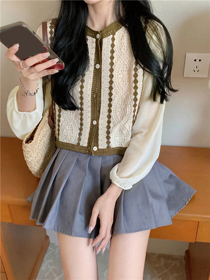 Antmvs Contrast Trim Button Front Blouse, Elegant Long Sleeve Blouse For Spring & Fall, Women's Clothing