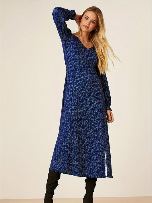 Antmvs Plus Size Casual Dress, Women's Plus Ditsy Print Lantern Sleeve V Neck Split Hem Dress