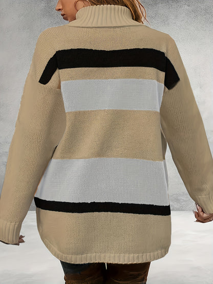 Antmvs Plus Size Casual Sweater, Women's Plus Colorblock Long Sleeve Turtle Neck Slight Stretch Sweater
