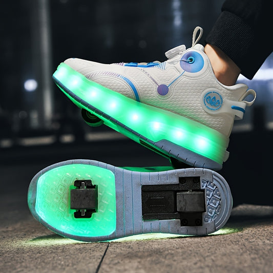 Fashionable LED Luminous Roller Shoes With Detachable Wheels - Breathable, Comfortable, And Cute Ice Skating Shoes Suitable For Outdoor Play, Gatherings, And Sports - PU Upper, TPR Sole, Hook And Loop Buckle, Fabric Insole