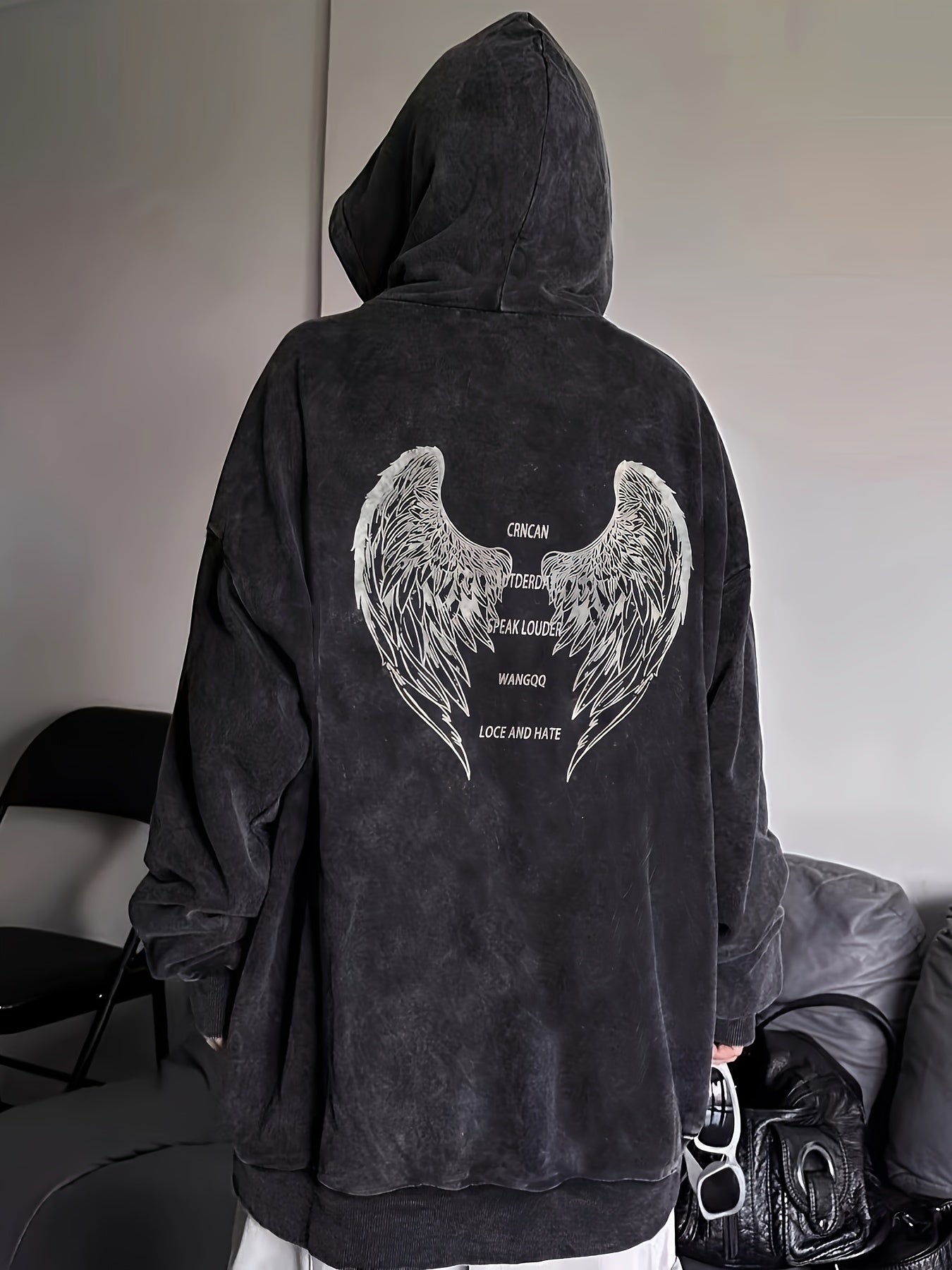 Antmvs Angel Wings & Letter Print Pullover Hoodie, Casual Long Sleeve Kangaroo Pocket Hoodie Sweatshirt, Women's Clothing