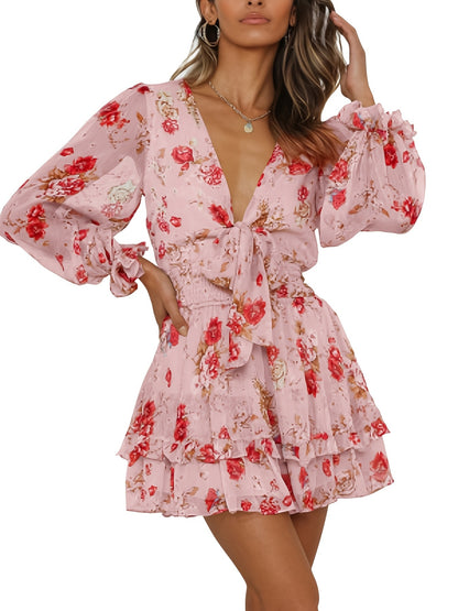 Antmvs Floral Print Layered Hem Dress, Elegant V-neck Shirred Waist Dress, Women's Clothing