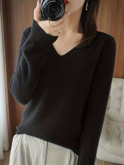 Antmvs Long Sleeve Knitted Top, V Neck Elegant Casual Top, Women's Clothing