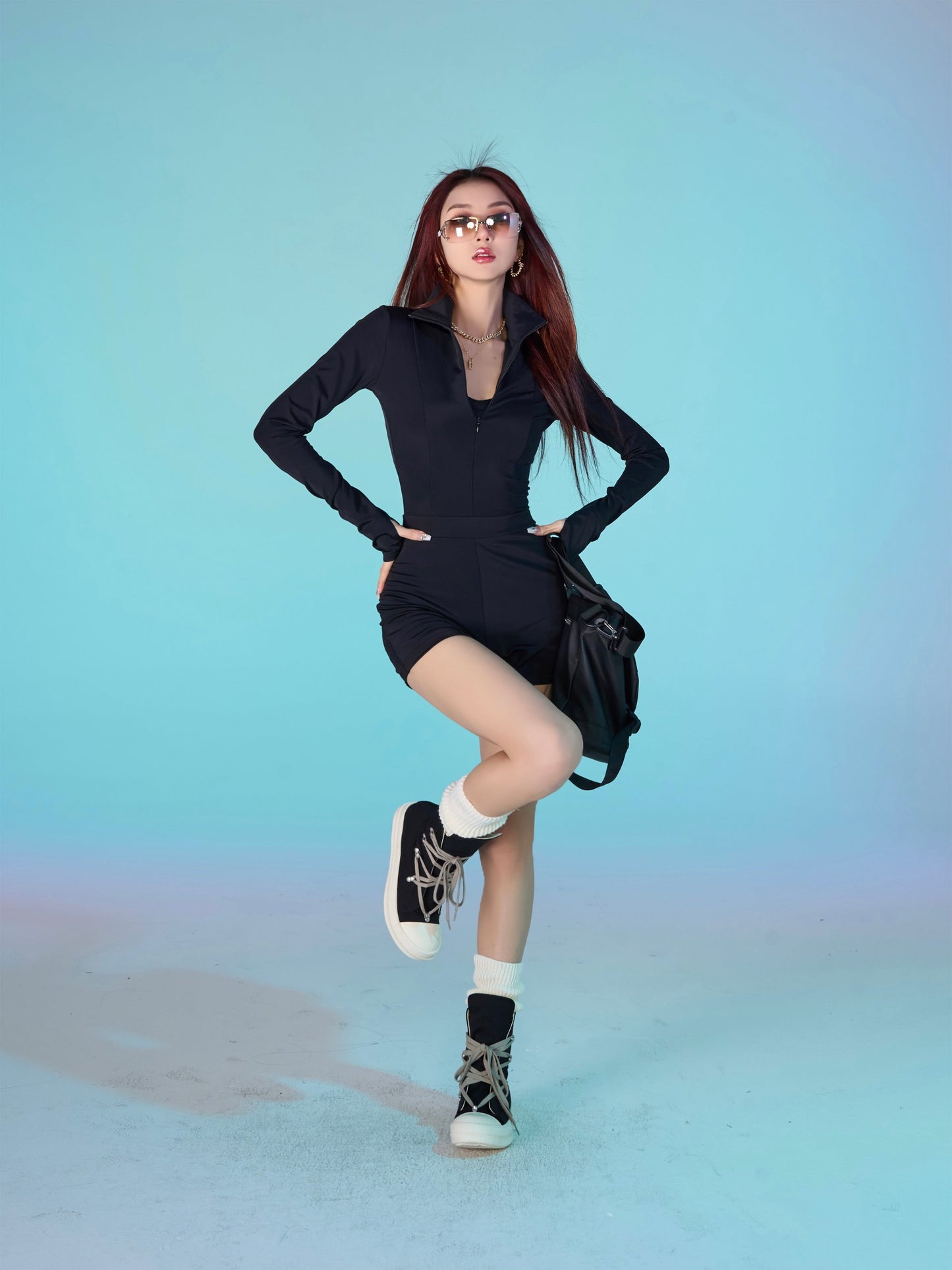 Antmvs Alice Solid Color Black Jumpsuit Long Sleeve Slim Zip Up Top Slim Mini Short Set