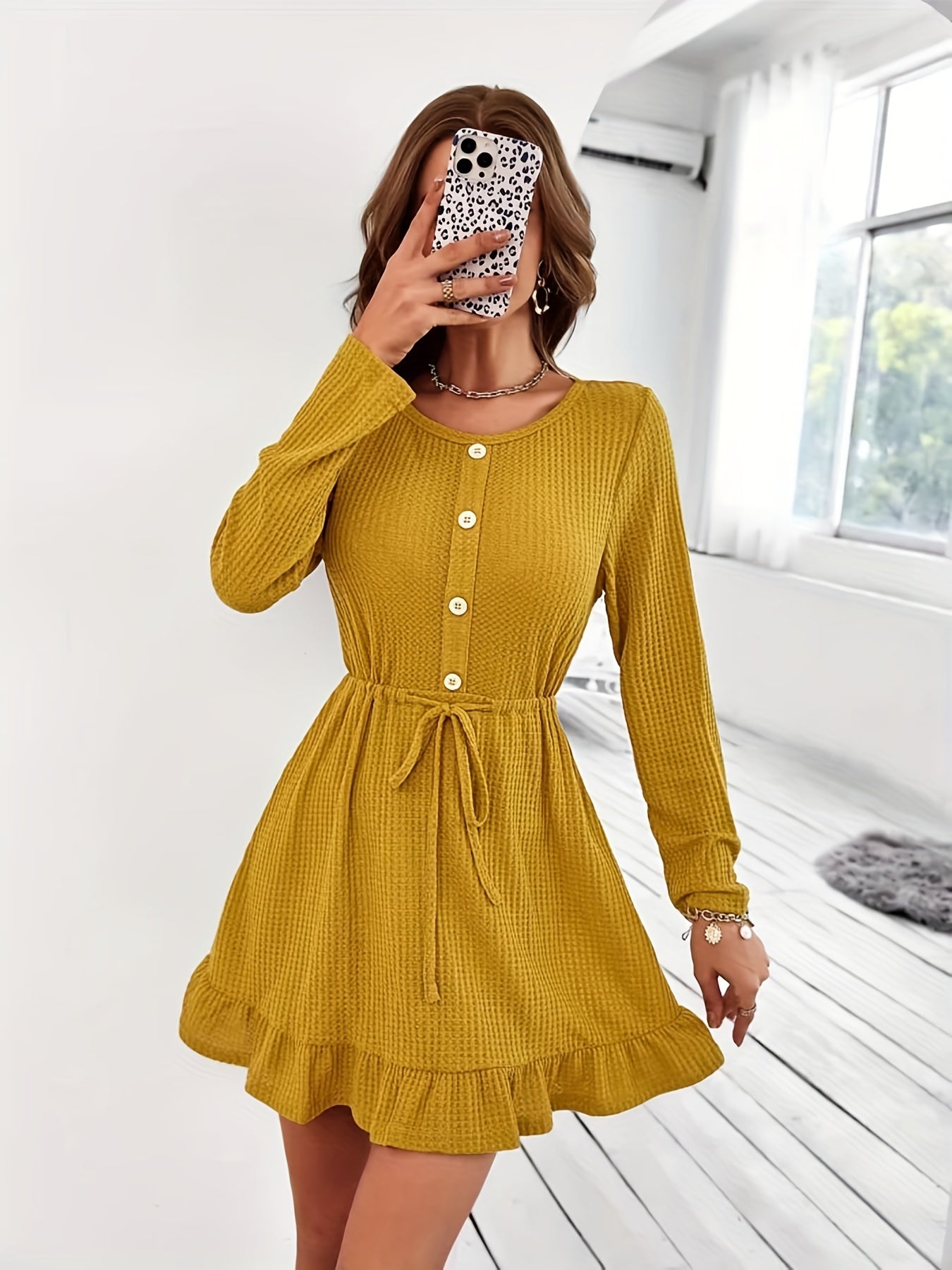 Antmvs Ruffle Hem Button Front Dress, Casual Long Sleeve Crew Neck Drawstring Dress, Women's Clothing