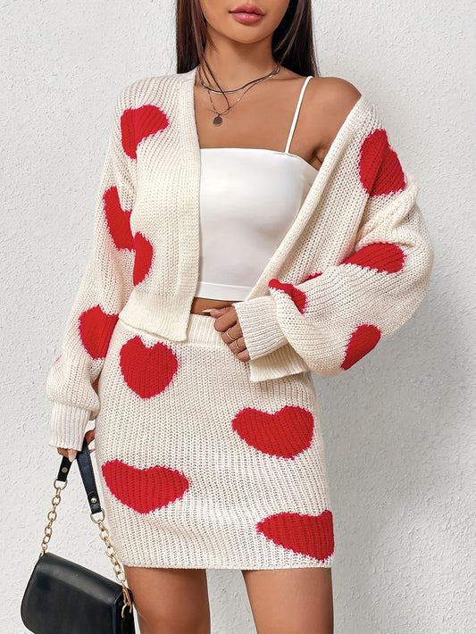 Antmvs Heart Pattern Sweater Two-piece Set, Open Front Long Sleeve Cardigan & Knitted Bag Hip Skirts Outfits, Women's Clothing