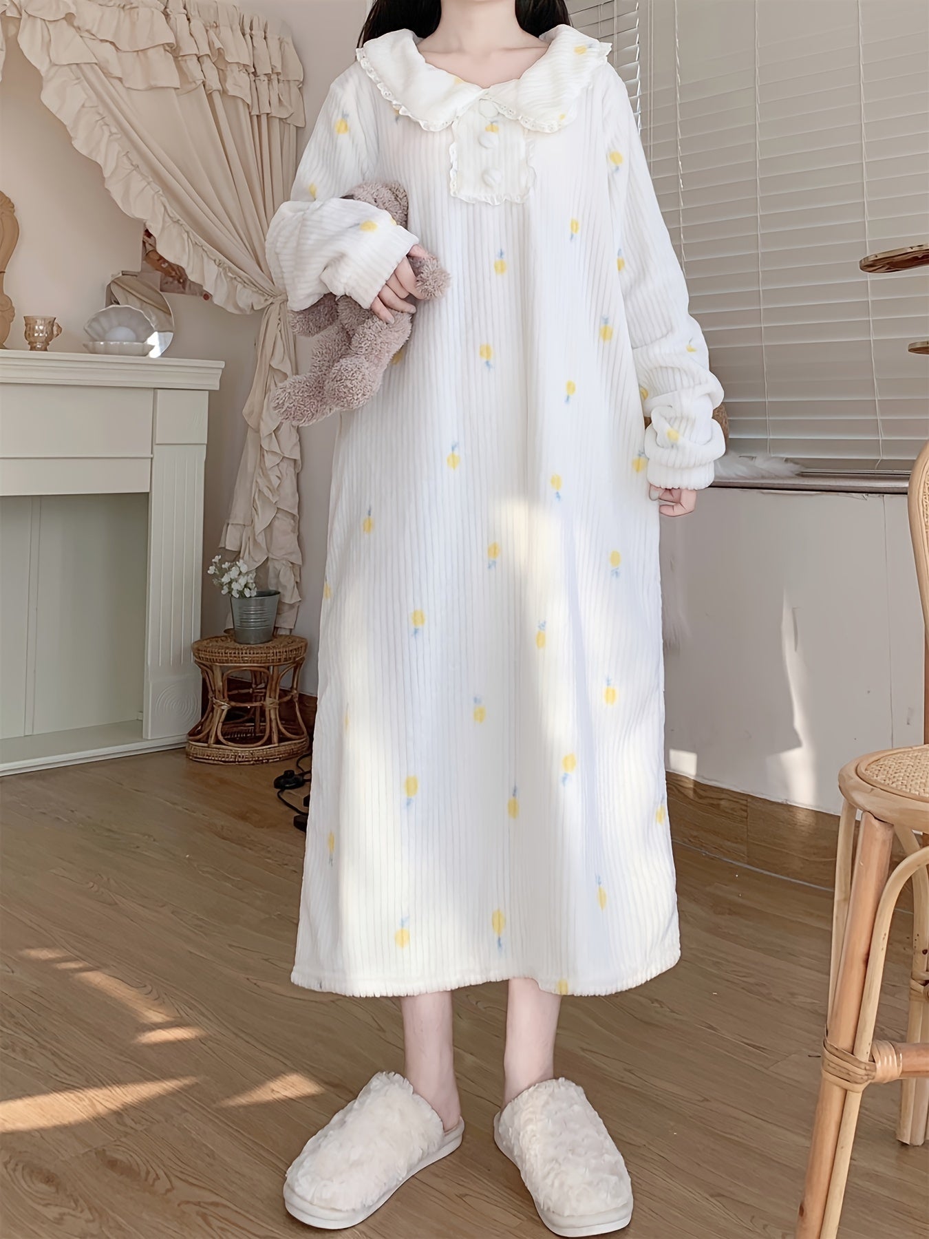 Antmvs Pineapple Print Fuzzy NightDress, Long Sleeve Lapel Pajama Dress, Women's Sleepwear & Dresses