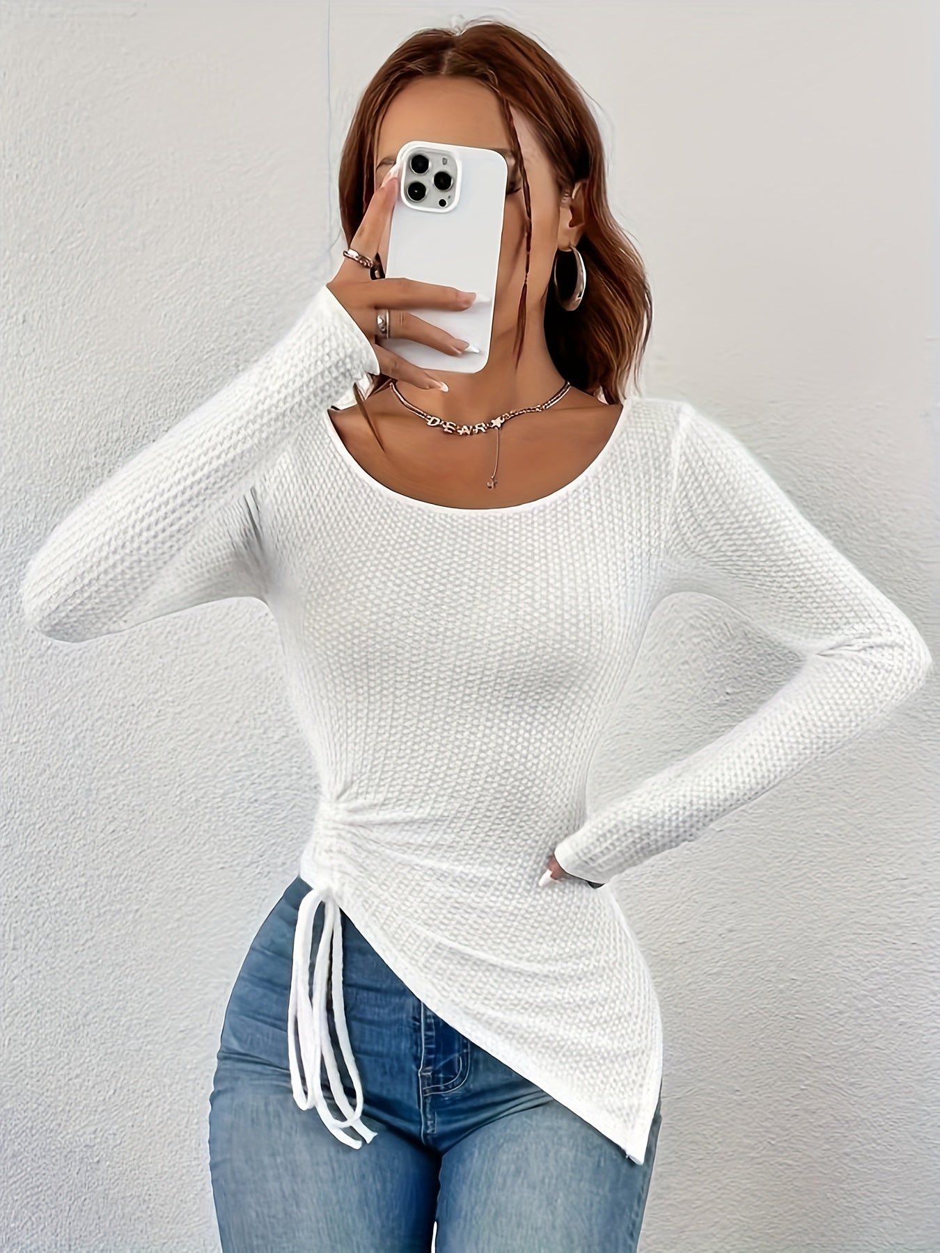 Antmvs Solid Drawstring Crew Neck T-Shirt, Casual Long Sleeve Top For Spring & Fall, Women's Clothing