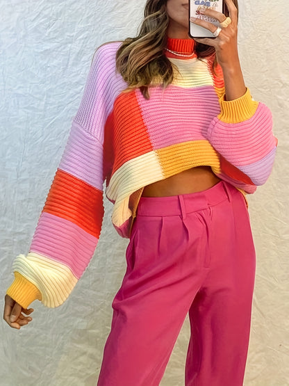 Antmvs Color Block Mock Neck Pullover Sweater, Y2K Long Sleeve Sweater For Fall & Winter, Women's Clothing