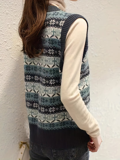Antmvs Allover Print V Neck Vest, Preppy Contrast Trim Sleeveless Sweater For Fall & Winter, Women's Clothing