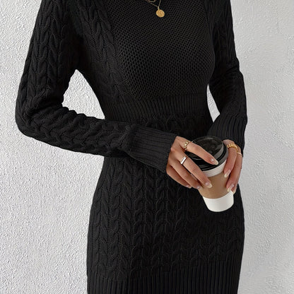 Antmvs Solid Cable Knit Sweater Dress, Casual Crew Neck Long Sleeve Dress, Women's Clothing