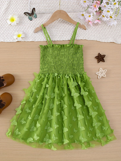 Enchanting Off-the-Shoulder Girls’ Butterfly Midi Dress - Summer Ready with Lettuce Trim and Durable Material