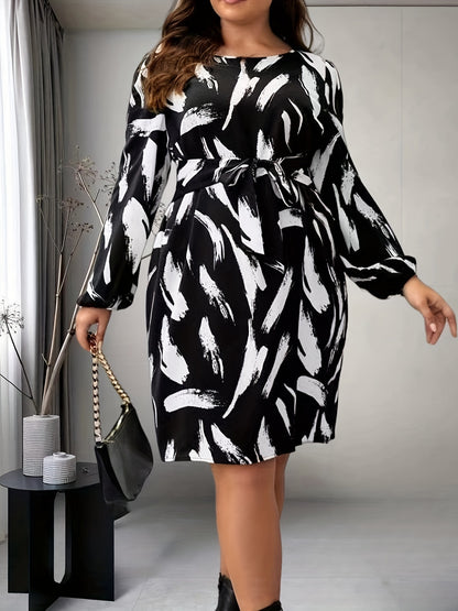 Antmvs Plus Size Casual Dress, Women's Plus Brush Print Long Sleeve Round Neck Belted Dress