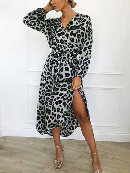 Antmvs Leopard Print V Neck Long Sleeve Dress, Mature Irregular Split High Waist Maxi Dress, Women's Clothing