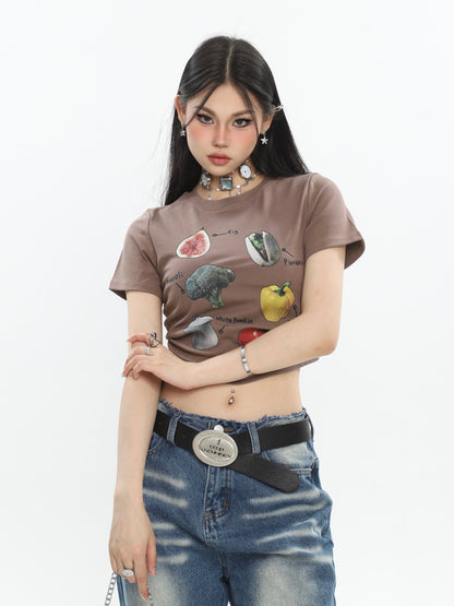 Antmvs Fruits & Veggies Love Graphic Image Print Solid Color Short Sleeve Cropped Top