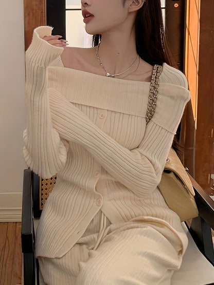 Antmvs Solid Off Shoulder Rib Knit Sweater, Elegant Button Front Long Sleeve Slim Sweater, Women's Clothing