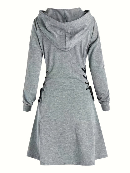 Antmvs Drawstring Hooded Dress, Casual Long Sleeve Solid Dress, Women's Clothing