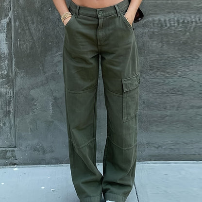 Antmvs Green Loose Fit Straight Jeans, Flap Muti-Pockets Wide Legs Non-Stretch Denim Pants, Women's Denim Jeans & Clothing