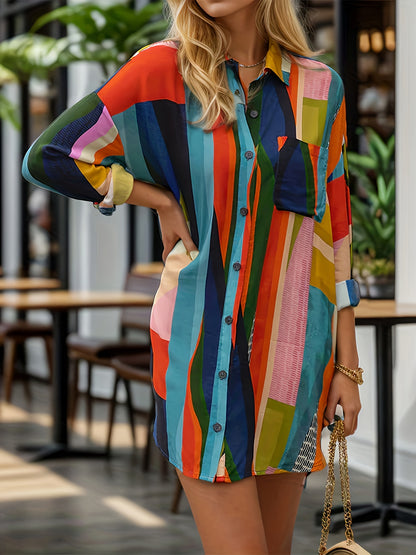 Plus Size Elegant Geometric Print Shirt - Lapel Collar, Button Front, Slight Stretch, Flared Hem, Long Sleeve, Regular Length - Perfect for Weekend Casual in Spring & Fall