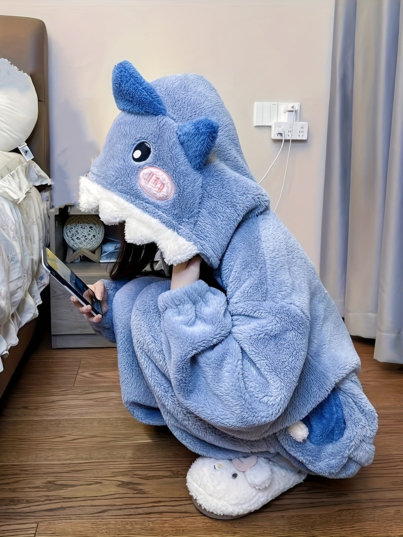 Antmvs Cartoon Shark Hooded Jumpsuit, Long Sleeve Zipper Fuzzy Pajamas, Women's Sleepwear & Loungewear