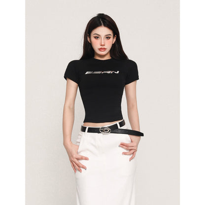 Antmvs SPEEDAIR Solid Color Graphic Letter Print Short Sleeve Slim Cropped Top