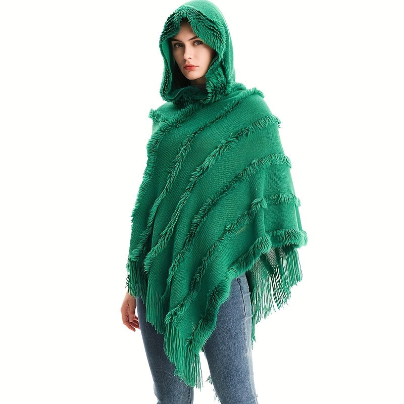 Antmvs Loose Knit Hooded Pullover Poncho Large Solid Color Batwing Tassel Shawl Autumn Winter Travel Outside Windproof Cape