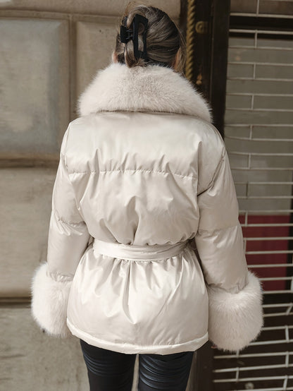 Antmvs Fuzzy Collar Belted Jacket Coat, Casual Solid Long Sleeve Winter Warm Outerwear With Pockets, Women's Clothing